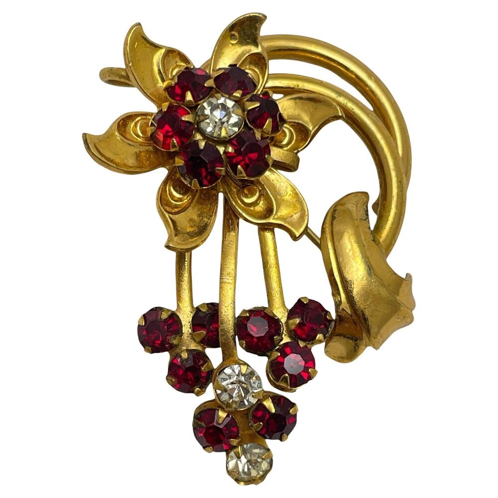 Vintage gold tone ruby red rhinestones flower brooch